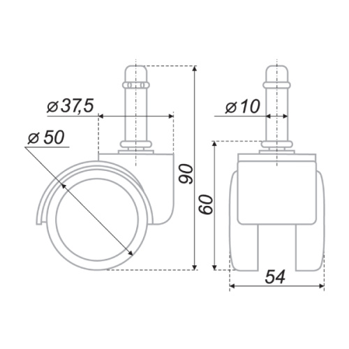 Мебельное колесо, d50мм., крепление штифт d10мм. BOYARD N108BL/GR.5