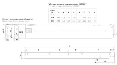 BOYARD.Направляющие МВ высотой 54мм, цвет белый MB05401W/450
